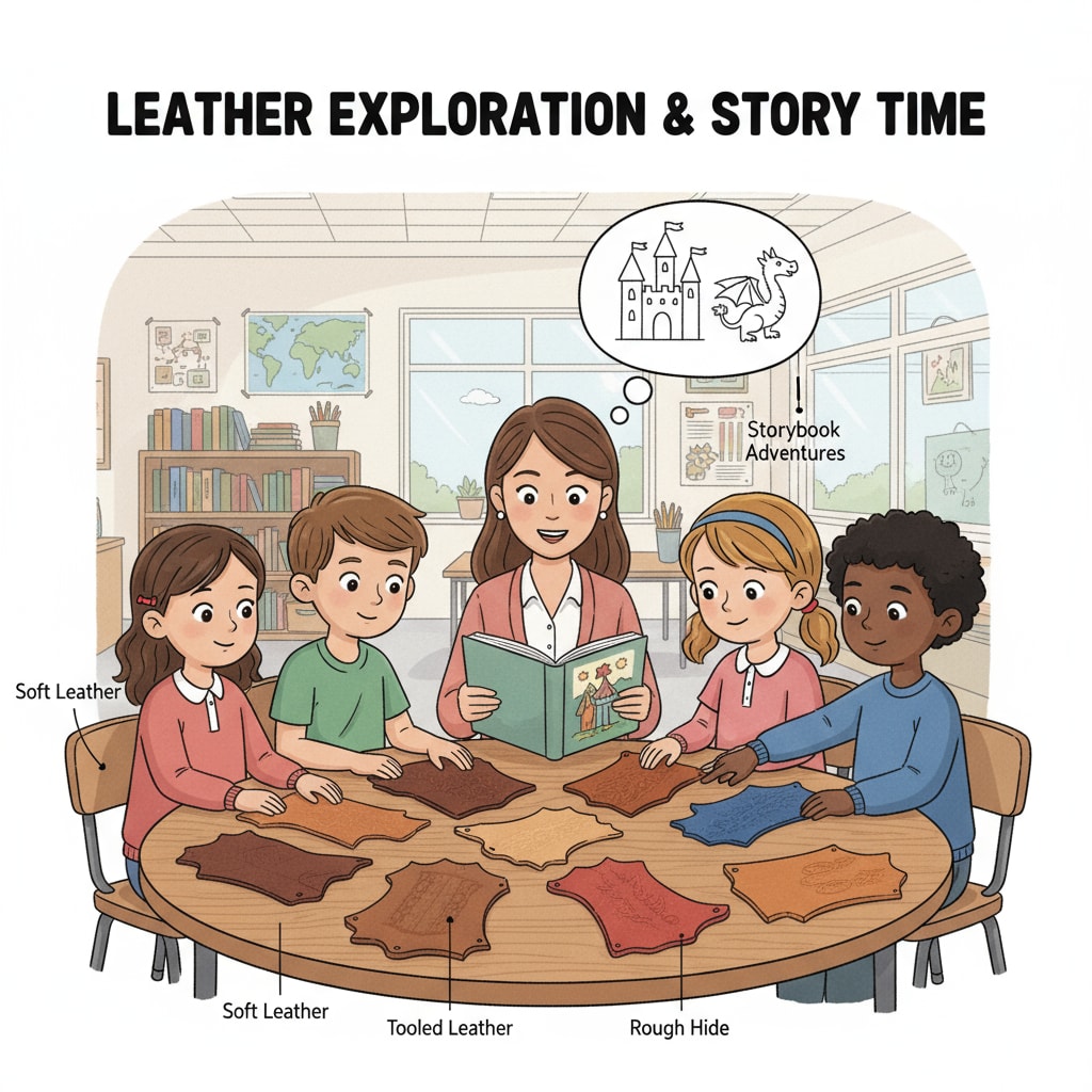 A group of children are sitting around a table, looking at various leather samples while a teacher reads them a fairy tale. The children have curious expressions on their faces. Children exploring leather samples during a fairy - tale - inspired leather education session