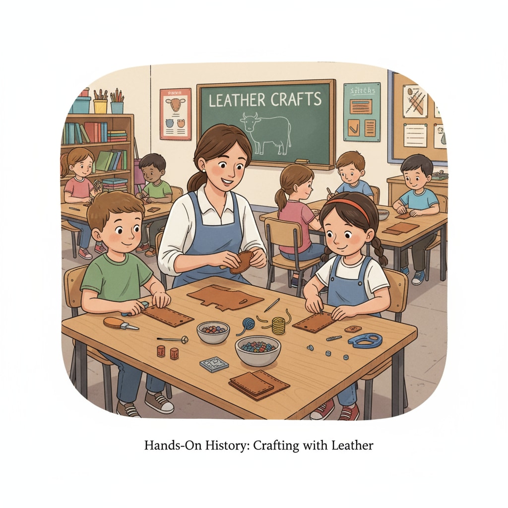 In a classroom setting, children are busy creating simple leather crafts such as bookmarks. They are concentrating on cutting and stitching the leather with the help of their teacher. Children engaged in hands - on leather craft activities in a classroom as part of leather education