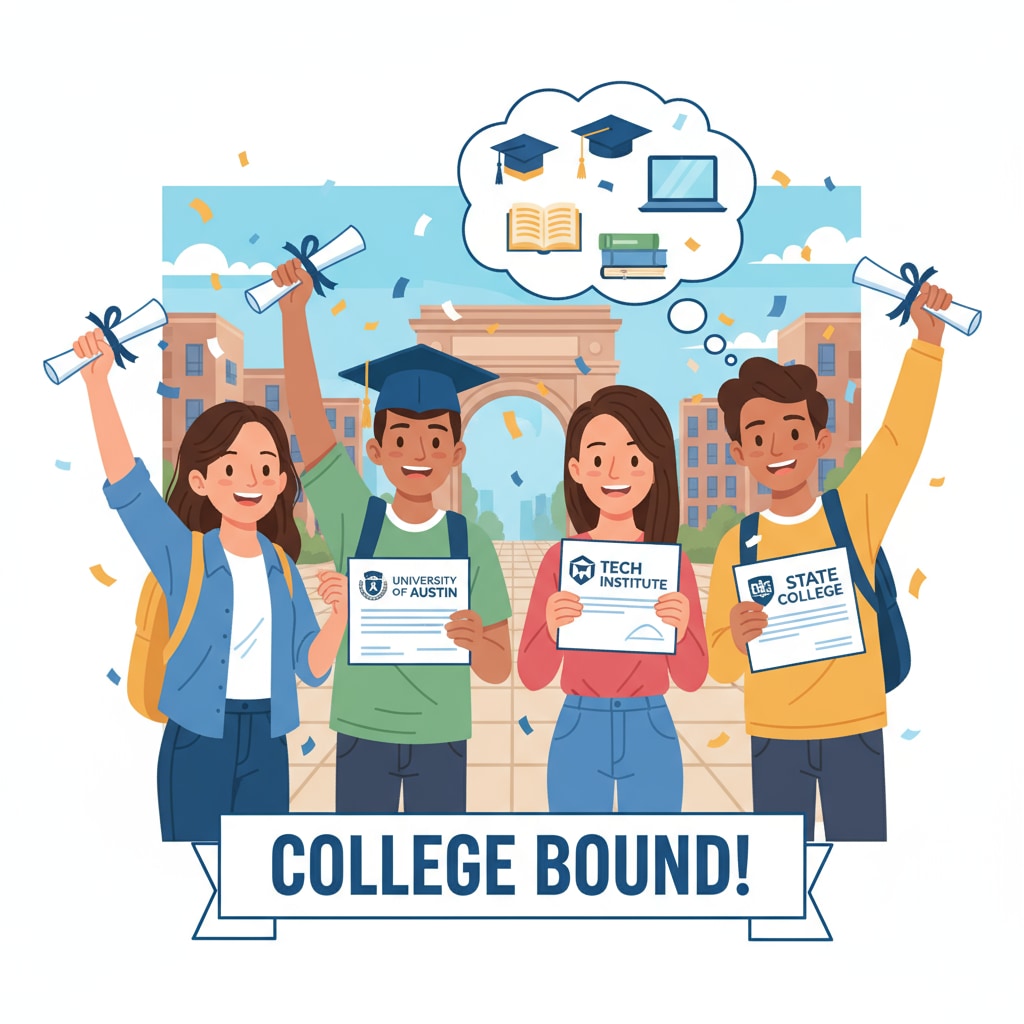 A group of students with GED certificates celebrating their college acceptance, looking excited and holding college acceptance letters. GED certificate holders celebrating college acceptance into four - year colleges