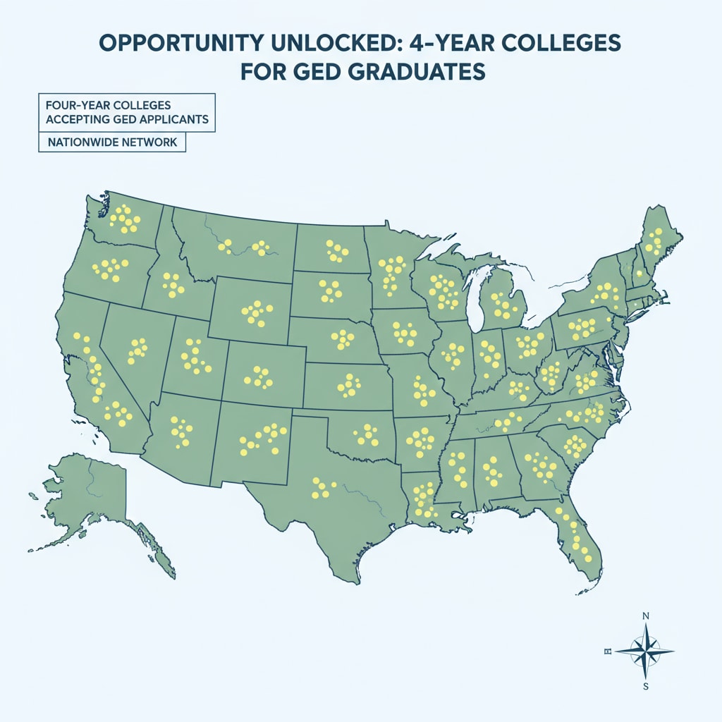 A map highlighting four - year colleges across the country that are known to accept GED applicants. Map of four - year colleges accepting GED applicants