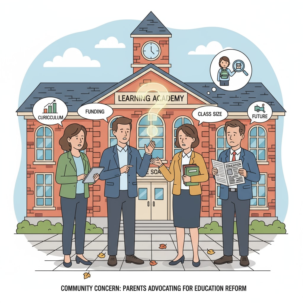 A group of parents is engaged in a serious discussion about education issues in front of a school building, showing their concern for their children's education. Parents discussing public education issues and voicing their complaints