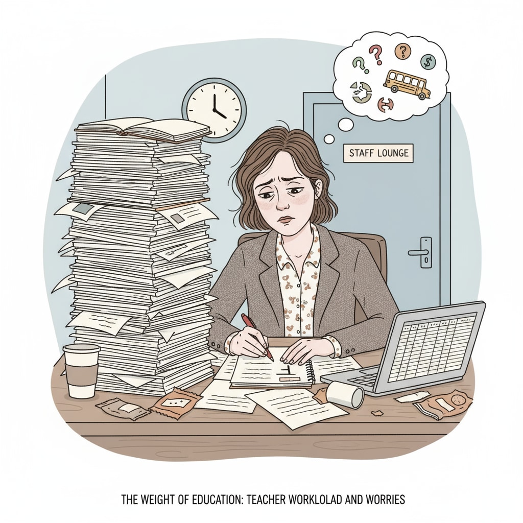 A teacher is sitting at a desk, looking stressed while grading a stack of papers, indicating the heavy workload and worries teachers face. A teacher showing signs of stress due to heavy workload in public education