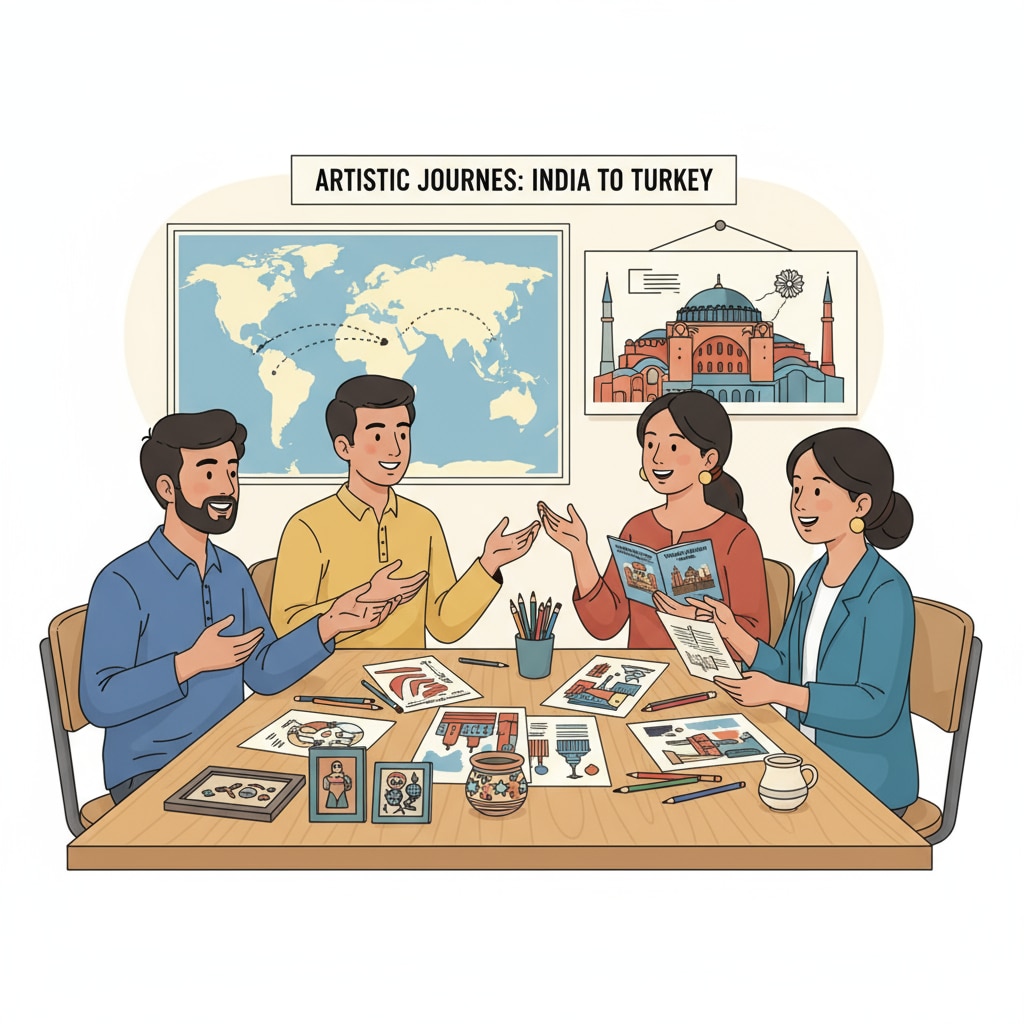 A group of Indian artists are engaged in a lively discussion about their aspirations to study art in Turkey, with papers and art samples spread out on the table. Indian artists planning to study art in Turkey through English-taught programs
