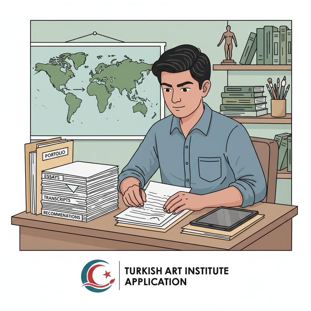 An Indian artist is sitting at a desk, meticulously arranging and preparing various application documents for a Turkish art program, with a determined look on their face. Preparation of application documents for Turkish art education in English