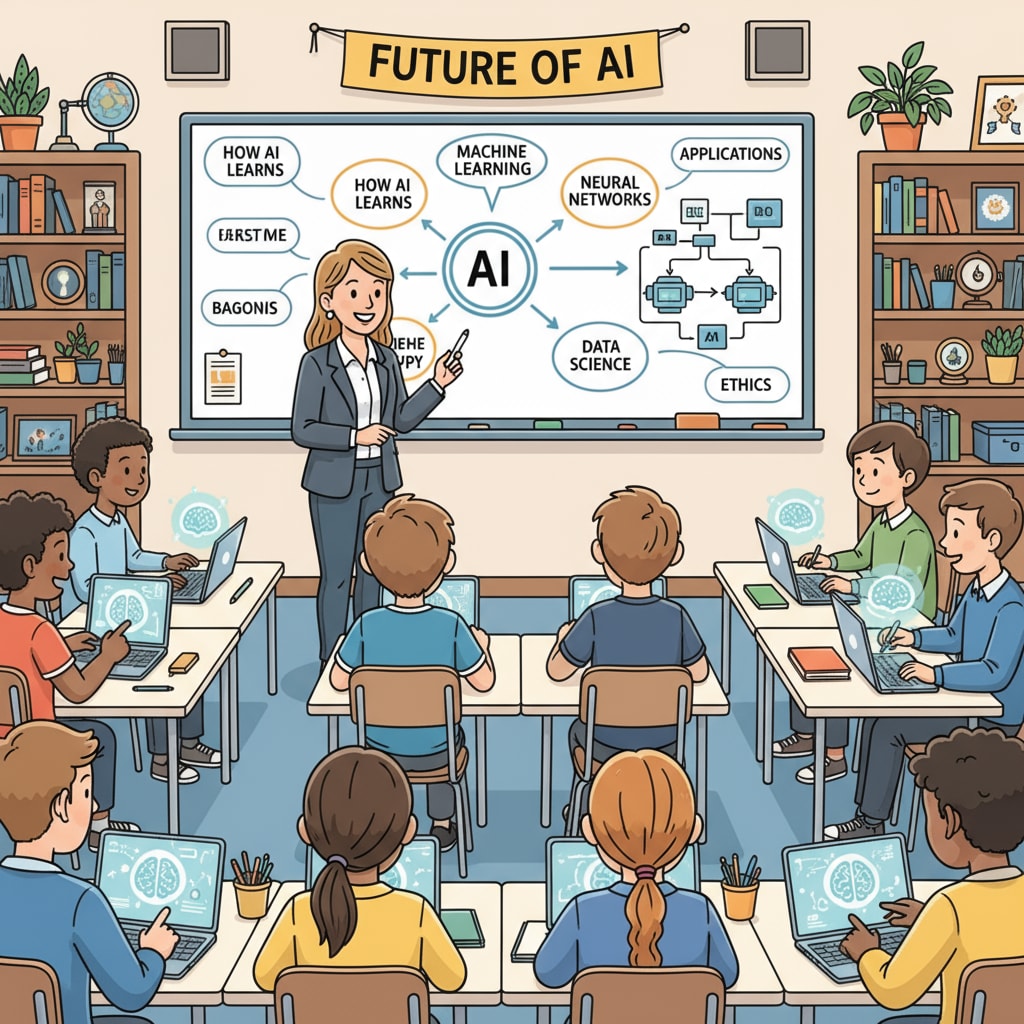 A classroom scene where students are engaged in learning about AI, with a teacher explaining concepts on a board. Students learning about AI in a classroom related to AI courses, prompt writing, and social integration
