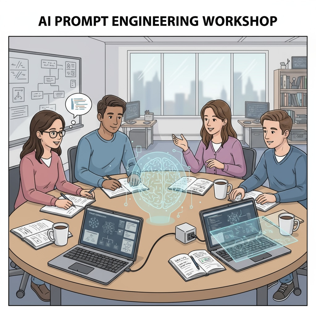A group of students sitting around a table, discussing and writing prompts for AI tasks, showing their engagement in AI education. Students practicing prompt writing for AI tasks as part of AI courses, prompt writing, and social integration