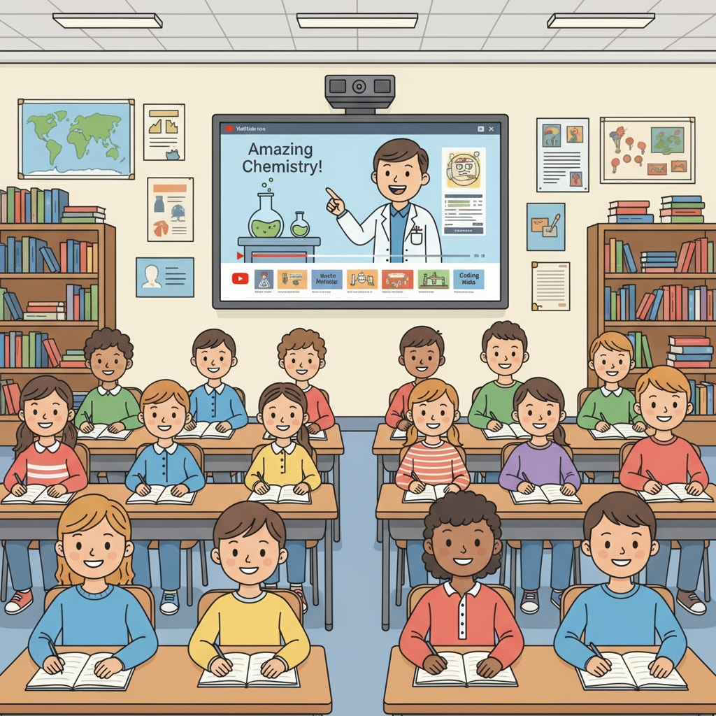 A group of students are sitting in a classroom, looking at a screen where educational YouTube videos are being played. K12 students engaged in online education through YouTube videos.