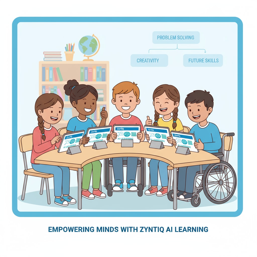 A group of K12 students are shown smiling while using tablets to access the ZynTiQ platform, indicating their engagement in AI learning. K12 students using ZynTiQ for artificial intelligence education with lifetime membership and course certification