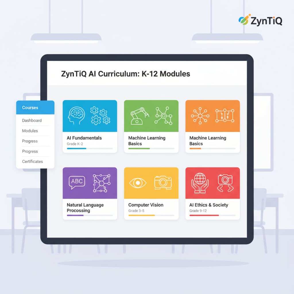 A screenshot of ZynTiQ's AI curriculum modules for K12 students, highlighting the variety of courses available. Screenshot of ZynTiQ's AI curriculum modules for K12 students related to artificial intelligence education, lifetime membership, and course certification