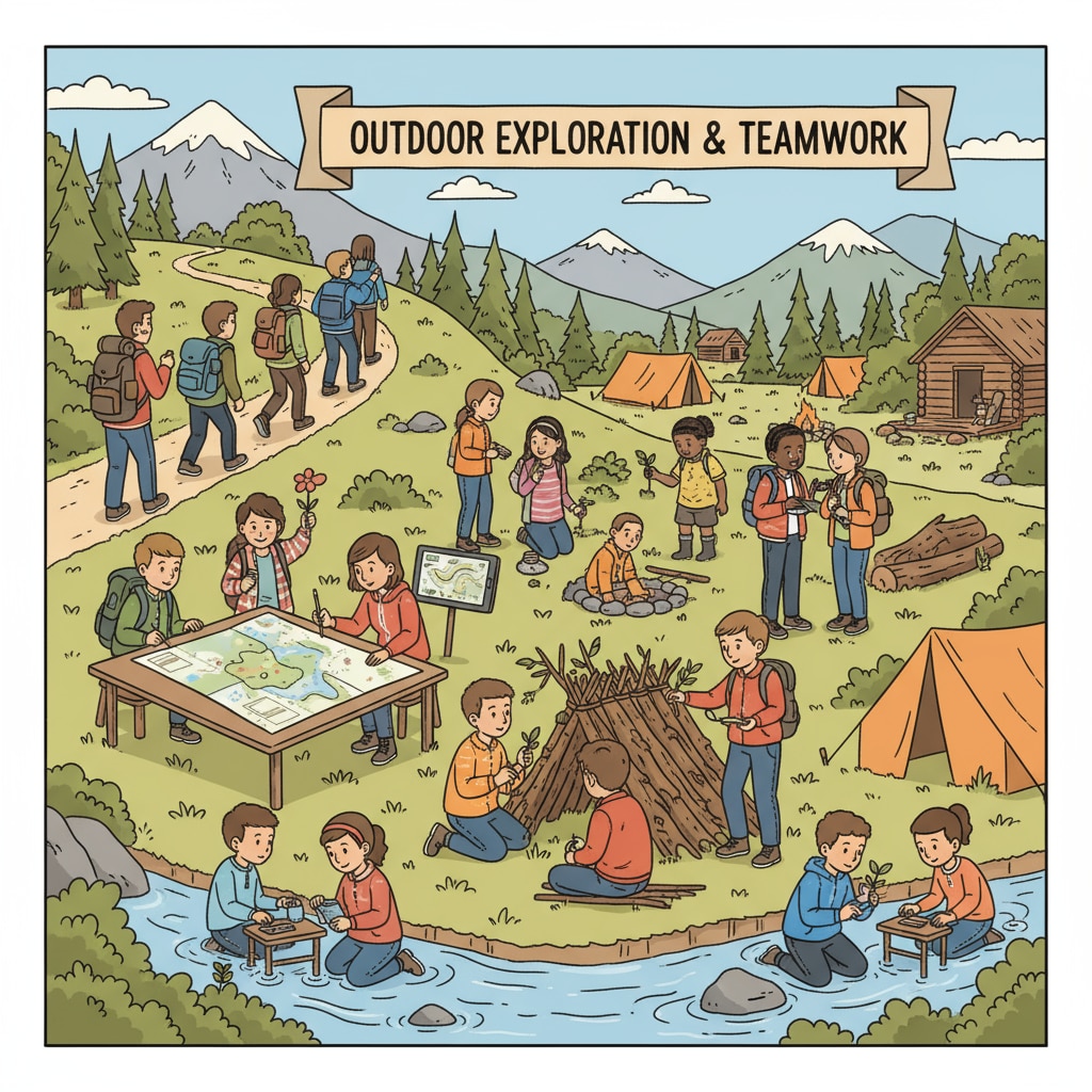 A group of students actively participating in an outdoor education activity at a camp, engaged in various tasks like hiking and group projects. Students participating in outdoor education at Camp Ramah
