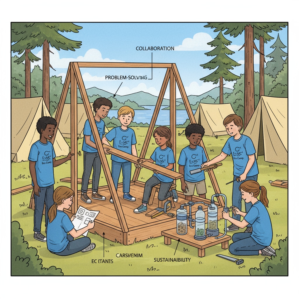 Students collaborating on an outdoor project during an educational camp, showing teamwork and interaction. Students working together on an outdoor project at an educational camp related to school contracts
