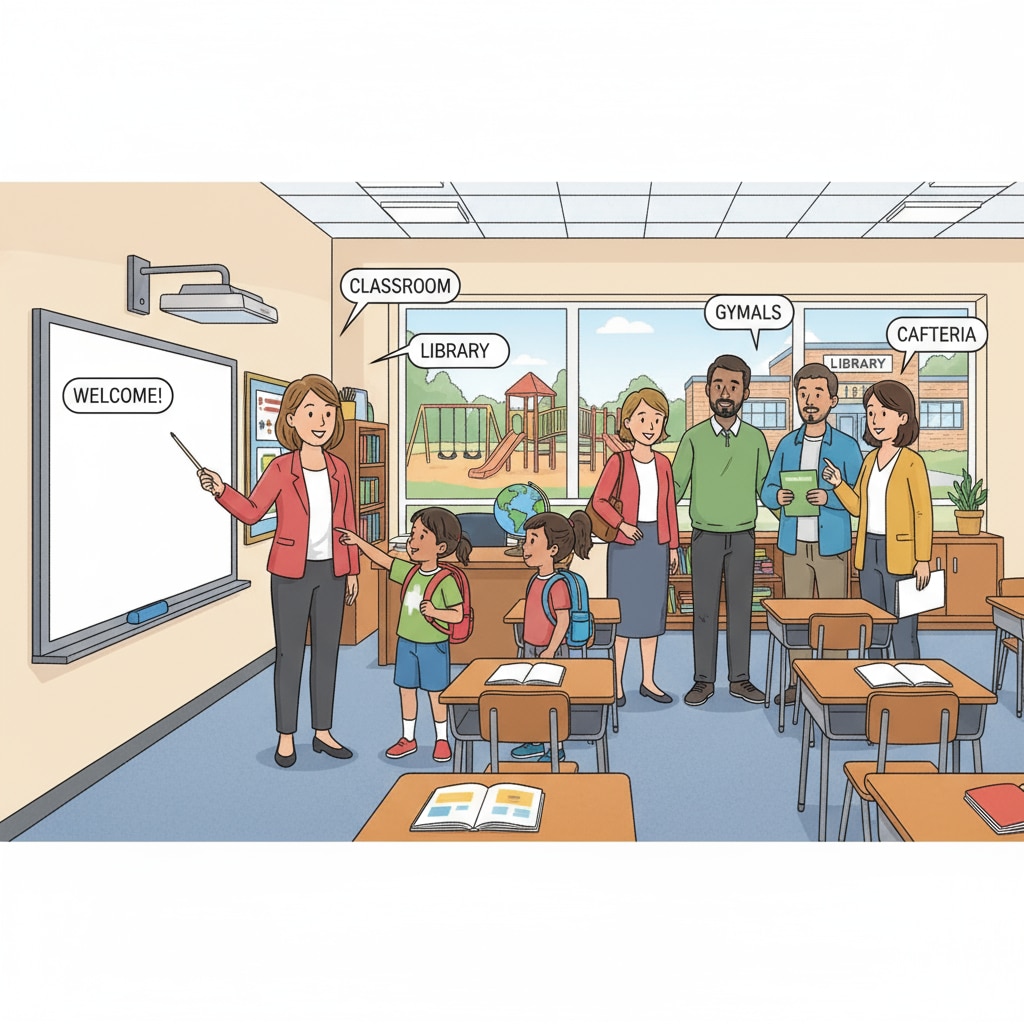 A group of parents and children are exploring a public school campus, checking out classrooms and facilities. Parents and children exploring a public school for educational choices