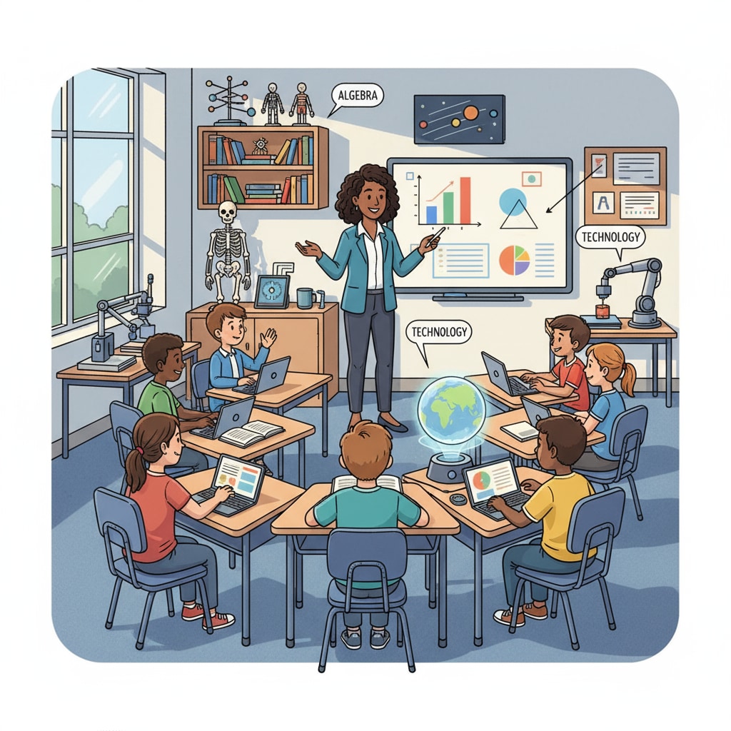 A classroom scene in a public school where students are engaged in a lesson, with modern teaching equipment visible. A classroom in a public school for educational exploration