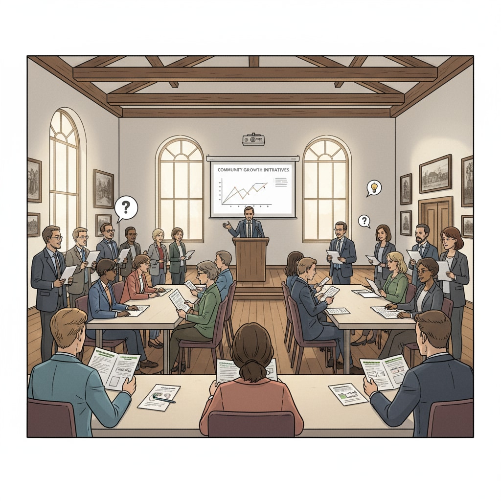A group of people gathered in a town hall, some of them looking at brochures and papers to stay informed during a discussion. People relying on reading materials for democratic participation, showing the importance of reading ability in a democratic setting