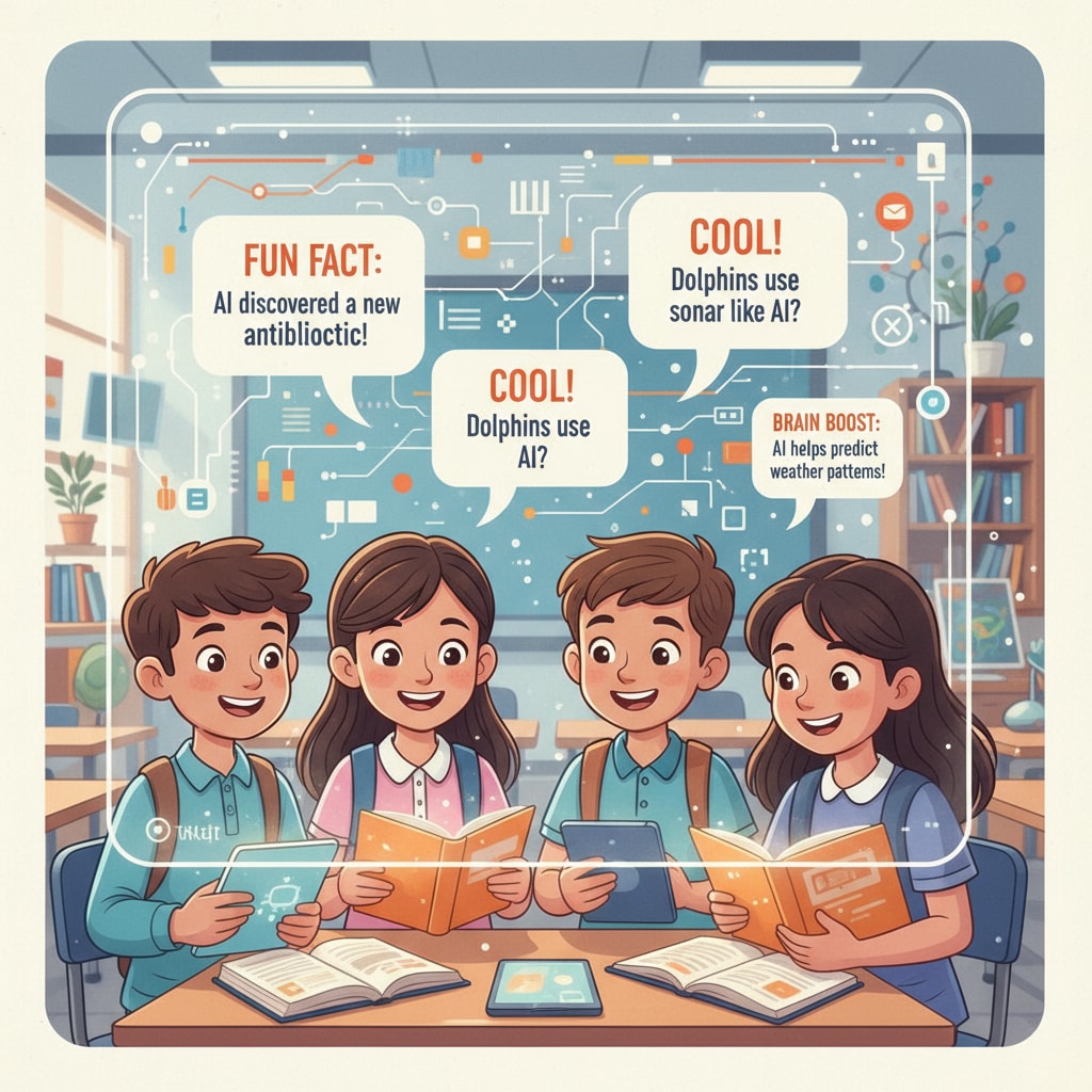 A group of students are shown smiling as they read interesting educational facts generated by AI on a screen, highlighting the fun aspect of learning. Students enjoying AI-generated educational facts for K12 education