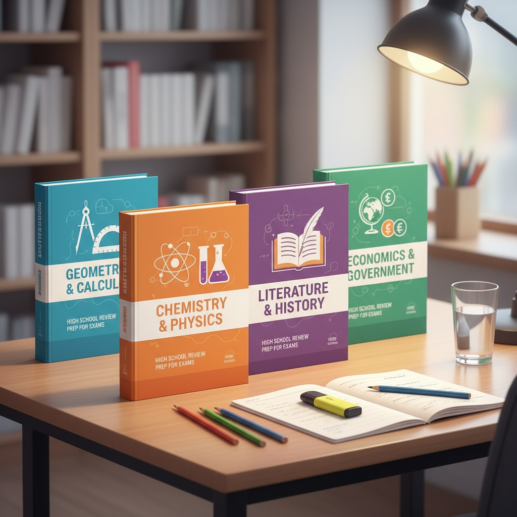 A collection of high school review workbooks neatly arranged on a study table, showing different covers related to various subjects. High school review workbooks on a study table for basic knowledge learning including algebra.