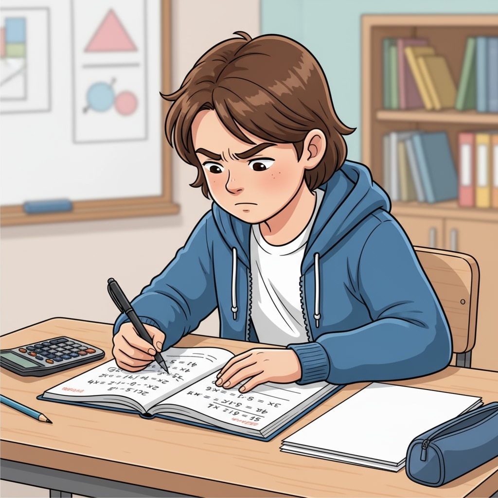 A student concentrating on solving algebra problems from a workbook, with a pen in hand and a focused expression. A student using an algebra workbook to review high school basic knowledge.