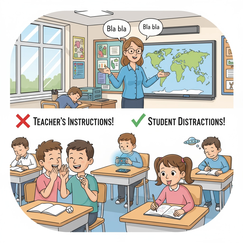 A classroom scene where some students are not paying attention to the teacher's instructions, chatting or doing their own things. 7th - grade English classroom with students not following instructions