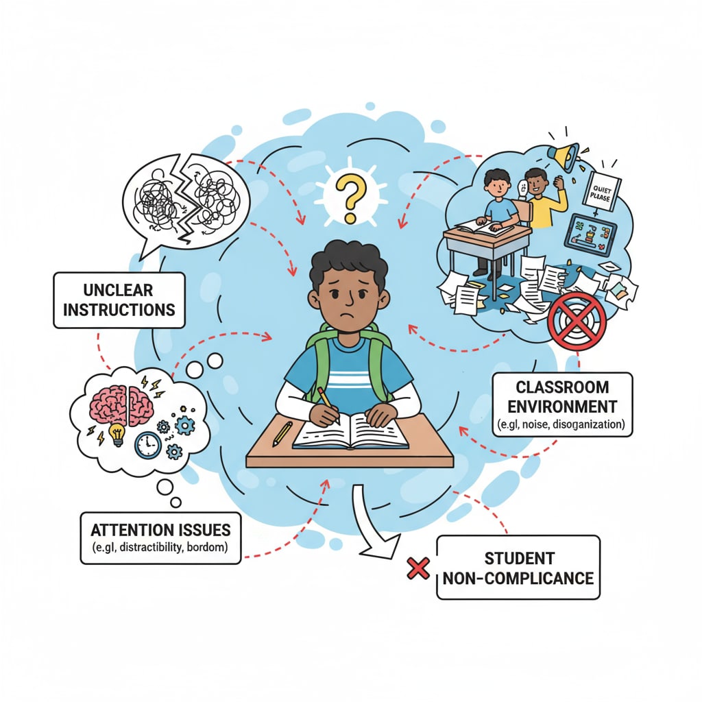 An illustration showing various factors like unclear instructions, attention issues, and classroom environment contributing to student non - compliance. Factors causing 7th - grade students' non - compliance with instructions