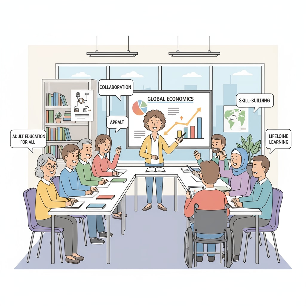 A classroom scene with adult students engaged in learning activities, symbolizing the inclusive nature of adult education programs. Adults with financial difficulties in an adult education classroom working towards a high school diploma
