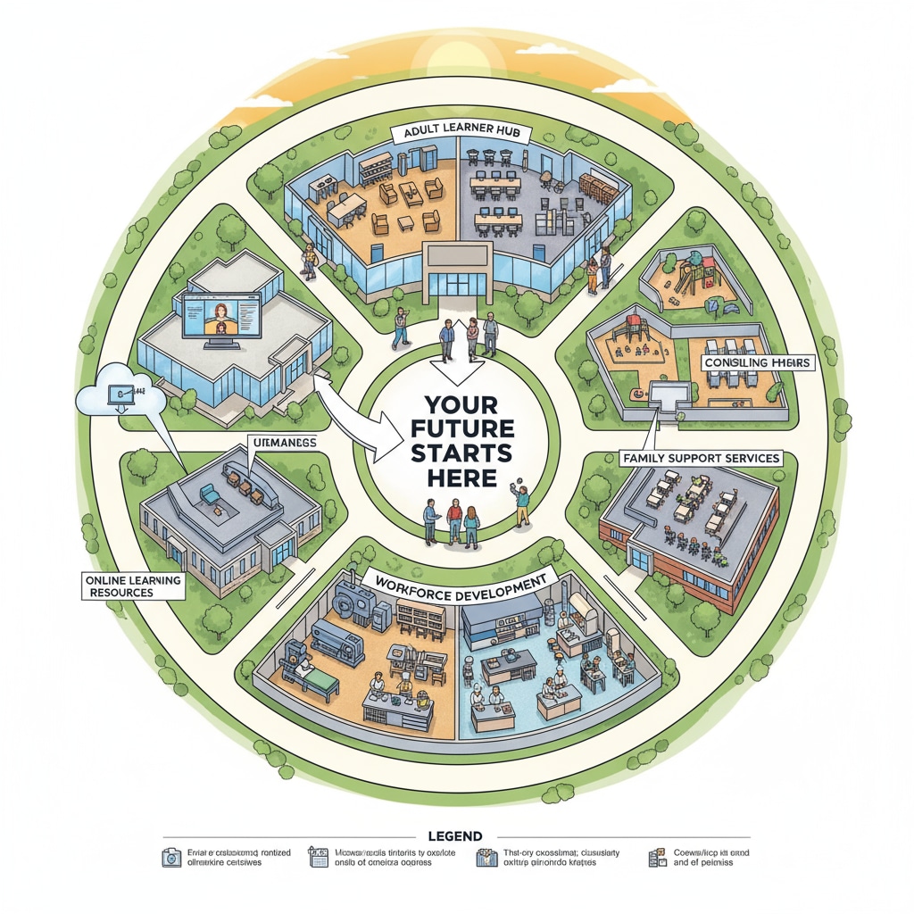 A view of a modern community college campus, showing the facilities available for adult learners. Community college campus as a resource for adults seeking a high school diploma despite financial difficulties