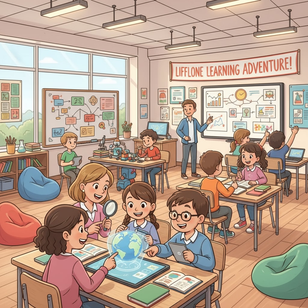 A classroom scene with students actively engaged in learning activities, discussing ideas, and exploring new knowledge, which reflects the positive learning atmosphere in K12 education related to lifelong learning. A classroom scene promoting lifelong learning in K12 education for future success