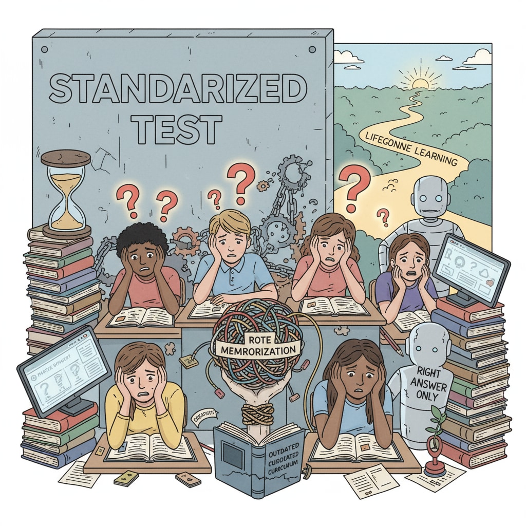 A group of students looking stressed while studying for standardized tests, highlighting the challenges in the current education system that may hinder the cultivation of lifelong learning. Students under pressure from standardized tests in the current education system affecting lifelong learning