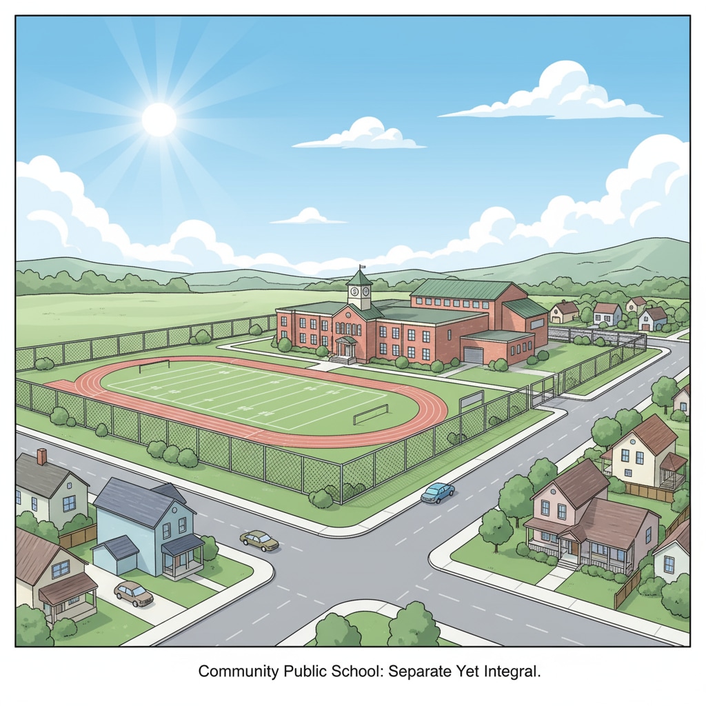 A public school building in a small town, standing in isolation from the surrounding community houses, highlighting the separation. A view of a small town public school building separate from the community, related to public schools, community separation, and youth services.
