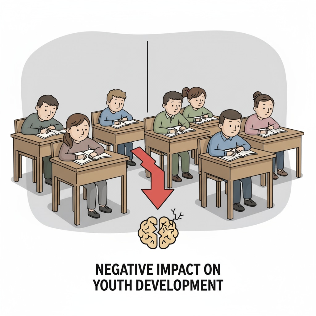 A group of students sitting in a classroom, looking uninterested, with no signs of interaction with the community outside, symbolizing the negative impact on youth development. Bored students in a classroom with no community interaction, relevant to public schools, community separation, and youth services.