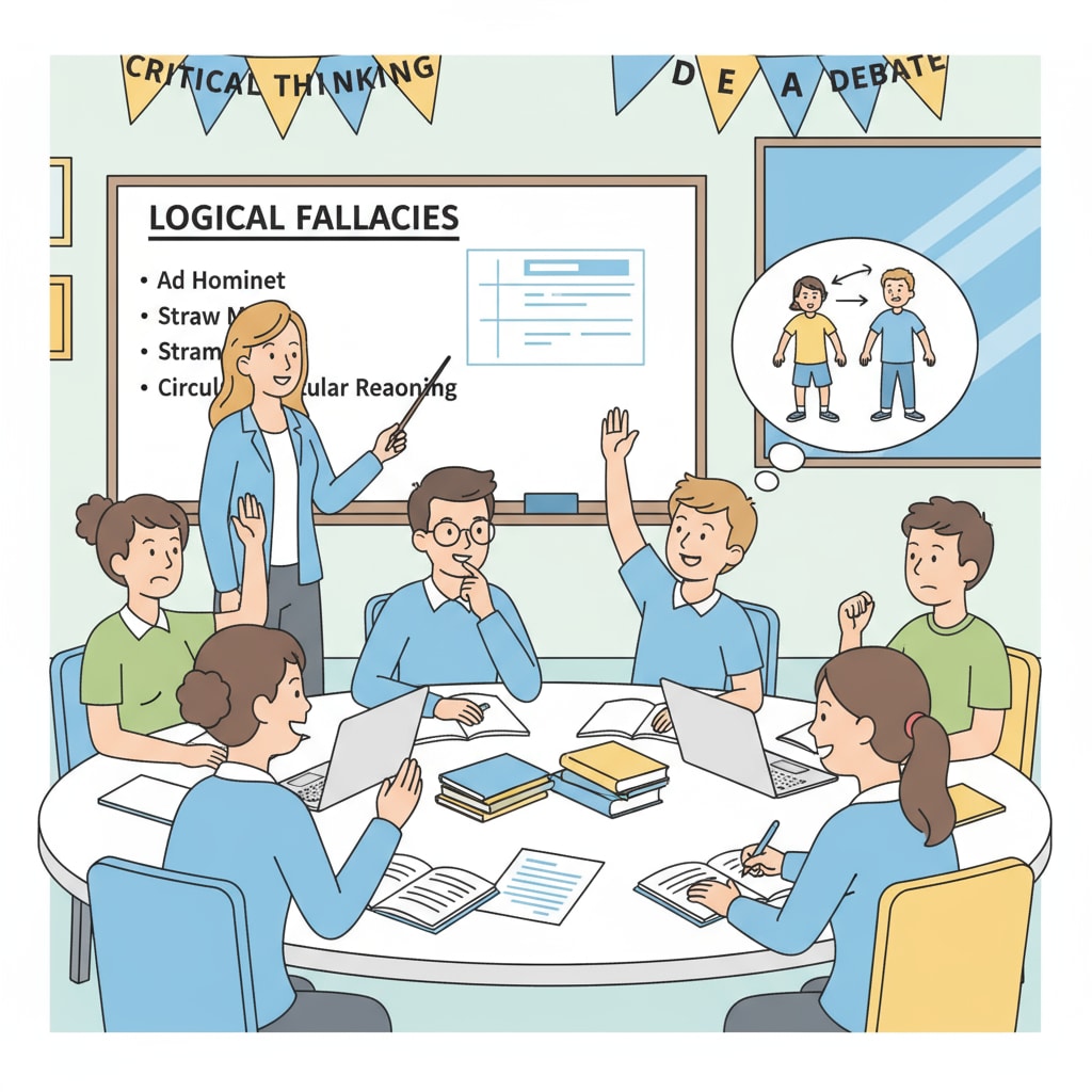 A group of high school students are engaged in a lively discussion about logical fallacies in a classroom setting. Some are raising their hands, others are jotting down notes, and there is an overall atmosphere of active learning. High school students discussing logical fallacies to enhance critical thinking as part of educational reform