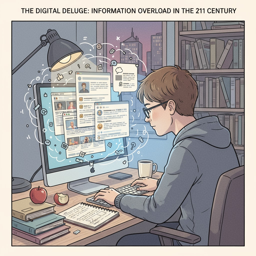 A student is sitting at a desk, looking intently at a computer screen filled with a mix of news articles, social media posts, and opinion pieces. The screen is a visual representation of the information overload students face. Student analyzing information filled with logical fallacies to develop critical thinking skills in the context of educational reform