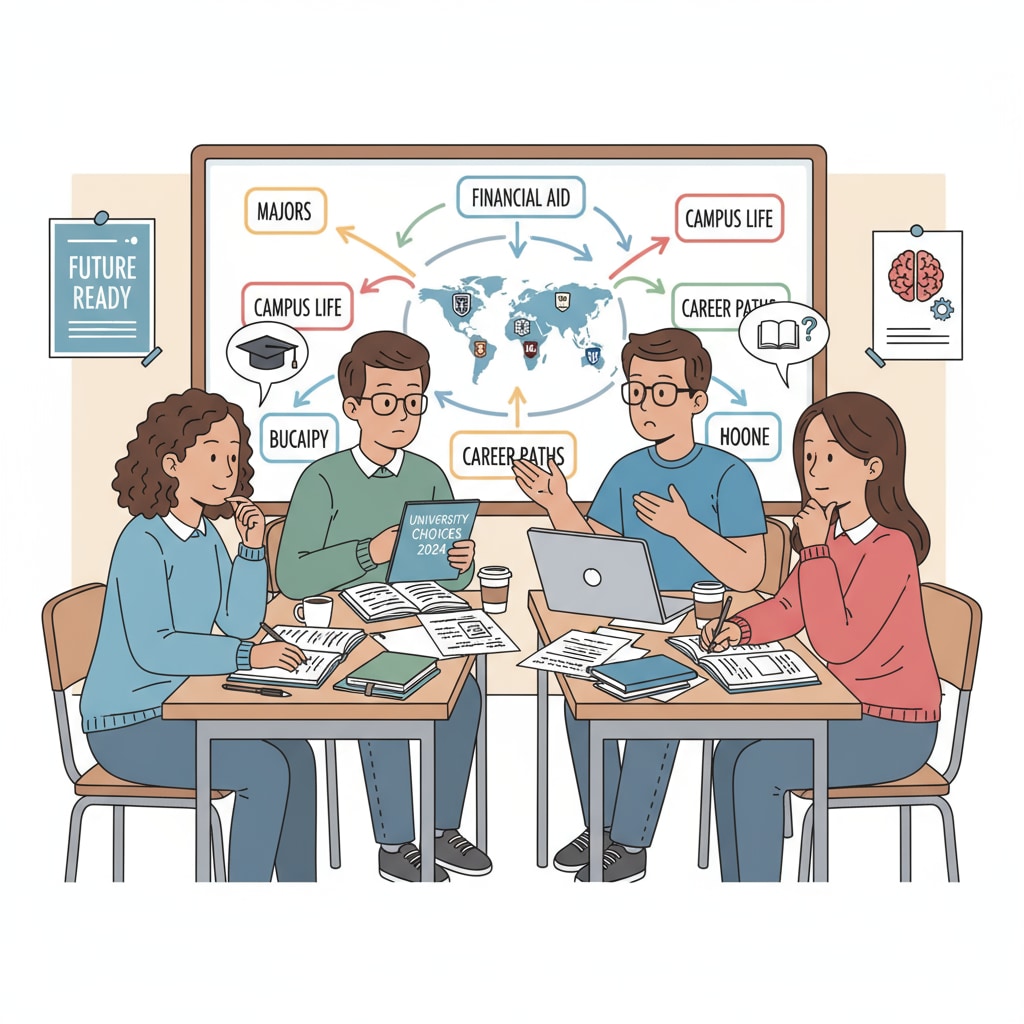 A group of high school students are engaged in a discussion about university options inside a classroom. There are books and papers on the desks, and they seem to be in deep conversation. High school students discussing university planning, major selection, academic success, and student loans in a classroom