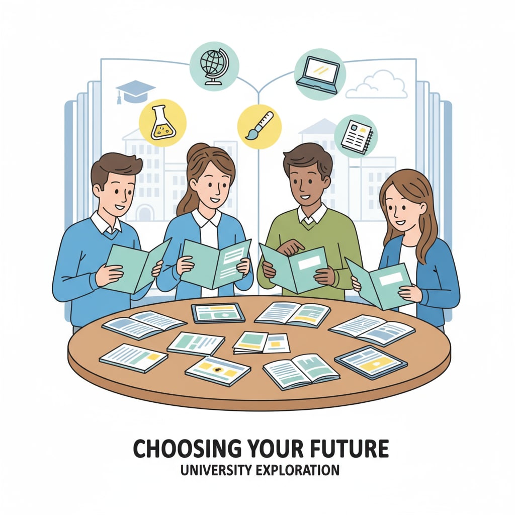 Students are sitting around a table, looking through various university brochures with expressions of interest. Students exploring university options related to university planning, major selection, academic success, and student loans