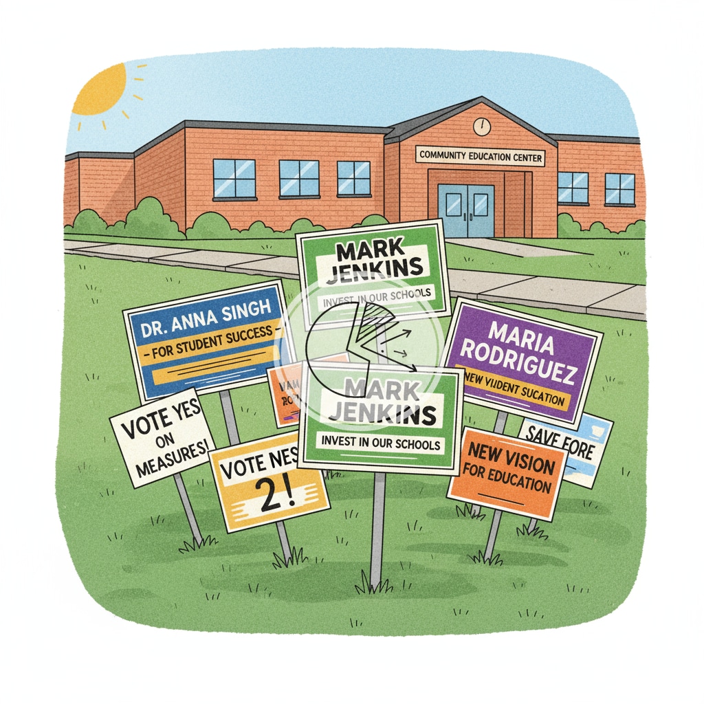 A view of campaign signs placed in an area where an education board election is taking place, showing the competitive nature of the campaign. Campaign signs in an education board election related to political civility and campaign conflicts