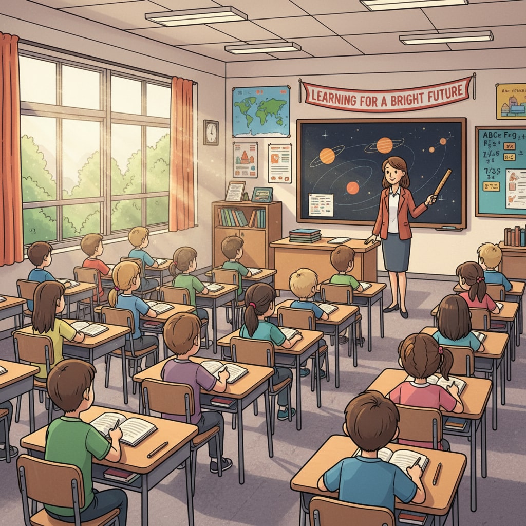 A classroom scene with students attentively learning, emphasizing the importance of a stable educational environment free from political disruptions. Classroom scene highlighting the impact of political conflicts on K12 education