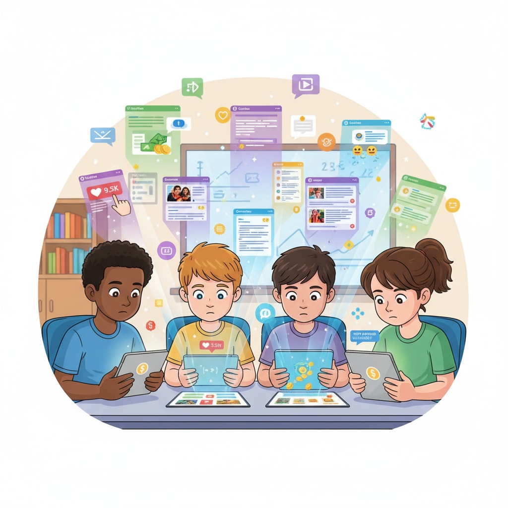 A group of K12 students looking at their digital devices, with various apps and notifications visible on the screens. This shows how students are immersed in the digital world of the attention economy. K12 students in the digital attention economy