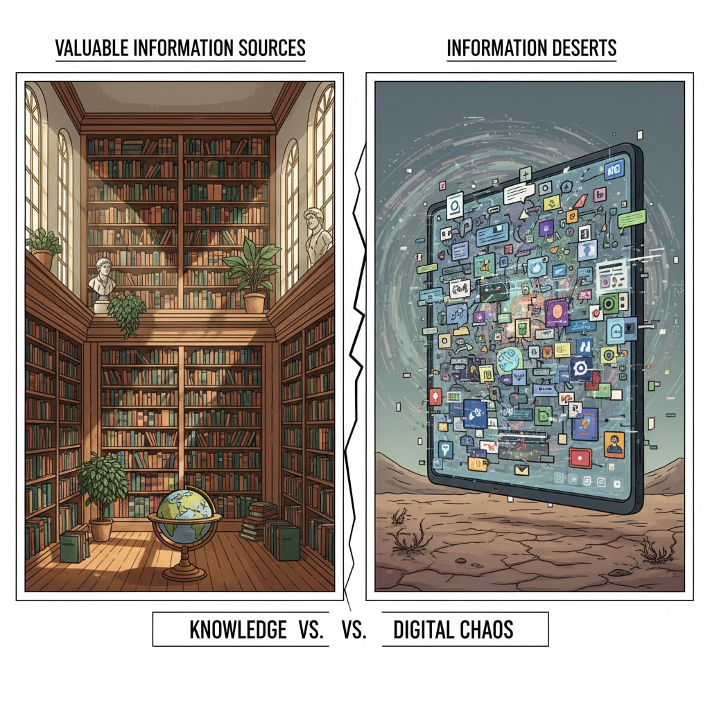 A comparison of a rich library of books and a screen filled with random, unorganized digital content. This represents the contrast between valuable information sources and the information deserts created by the digital world. Comparison of a library and digital information deserts