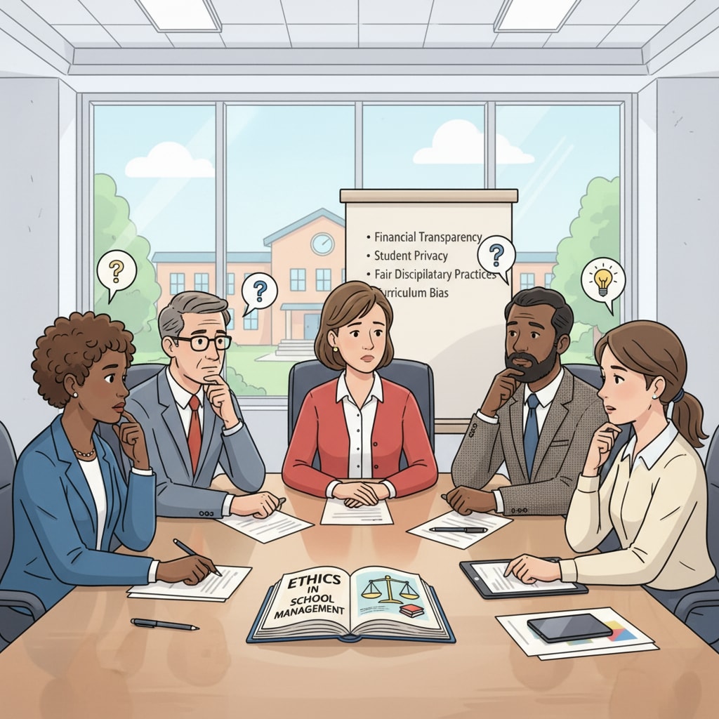A group of school administrators sitting around a table, engaged in a serious discussion about ethical issues in school management. School administrators discussing ethical dilemmas in educational leadership