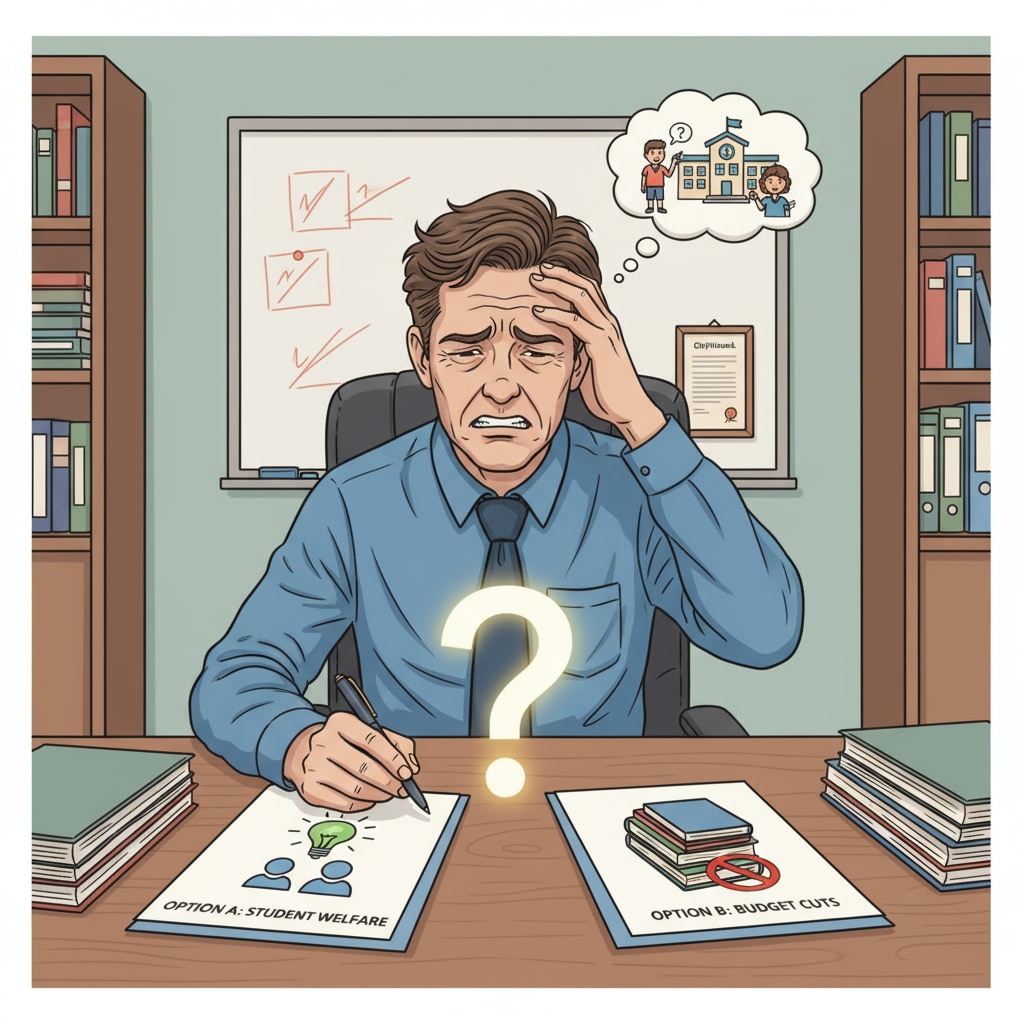 A single school administrator sitting at a desk, looking stressed as they try to make a difficult decision regarding an ethical issue in the school. School administrator facing an ethical decision in administrative management