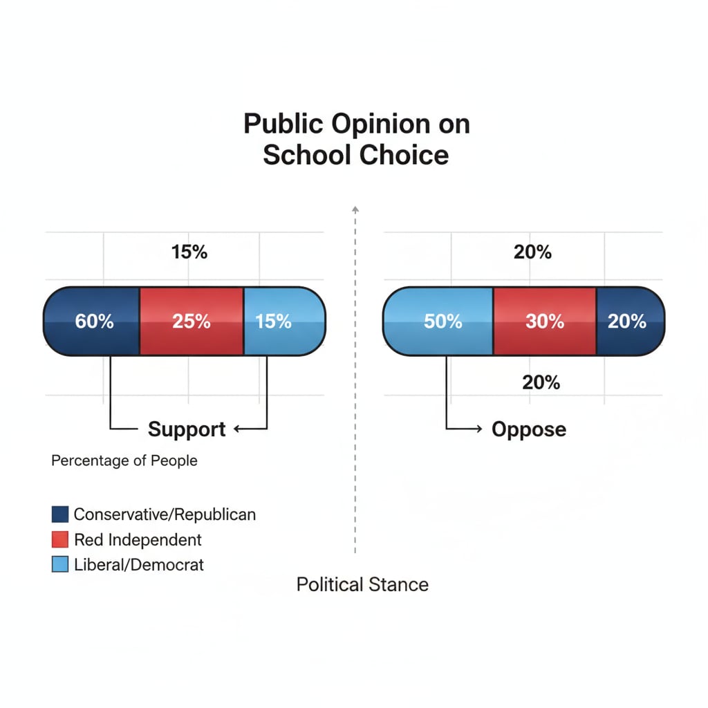 A graph displays the percentage of people supporting and opposing school choice, with different colors representing different political stances, showing the divide in opinions related to this controversial education policy. Graph showing different opinions on school choice in the context of political controversy