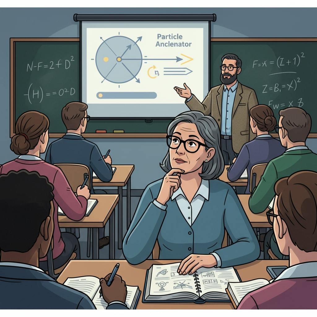 An in-service physics teacher attending a night school class, focusing on the lecture An in-service physics teacher participating in a night school course related to postgraduate education