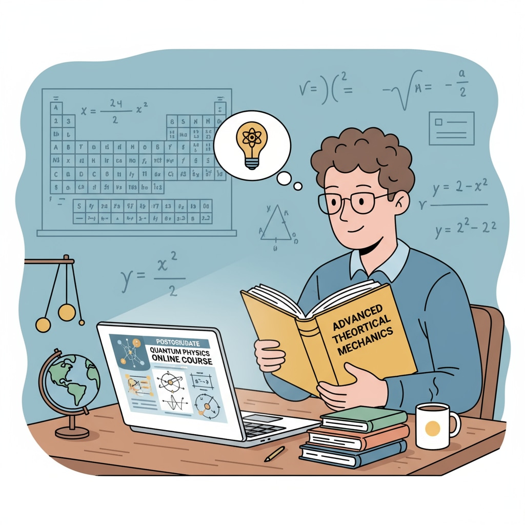 A physics teacher studying an online postgraduate course on a laptop A physics teacher engaged in online postgraduate learning for professional development