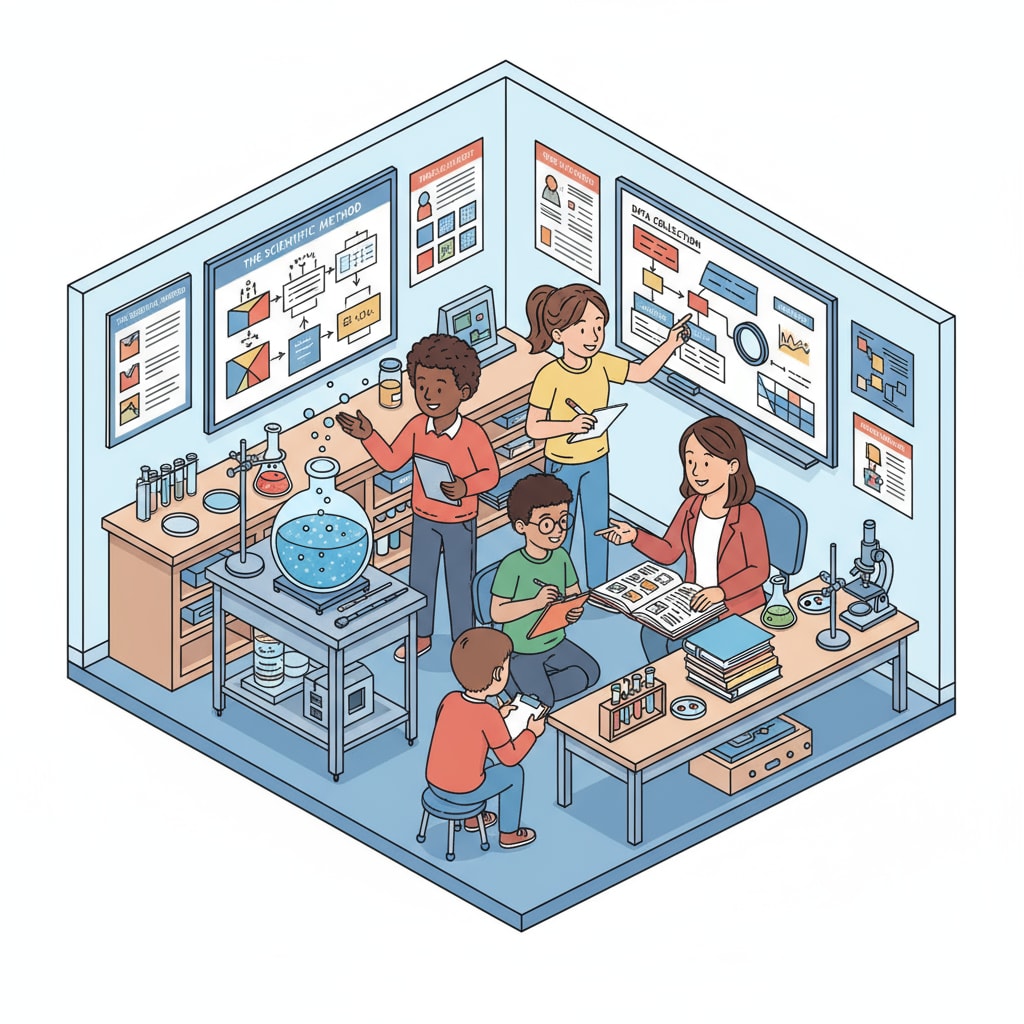A group of students and a teacher are actively involved in a research project within a K12 classroom setting. The students are engaged in discussions, data collection, and analysis under the guidance of the teacher. Research activity in a K12 classroom related to education, research, evaluation, and social inequality