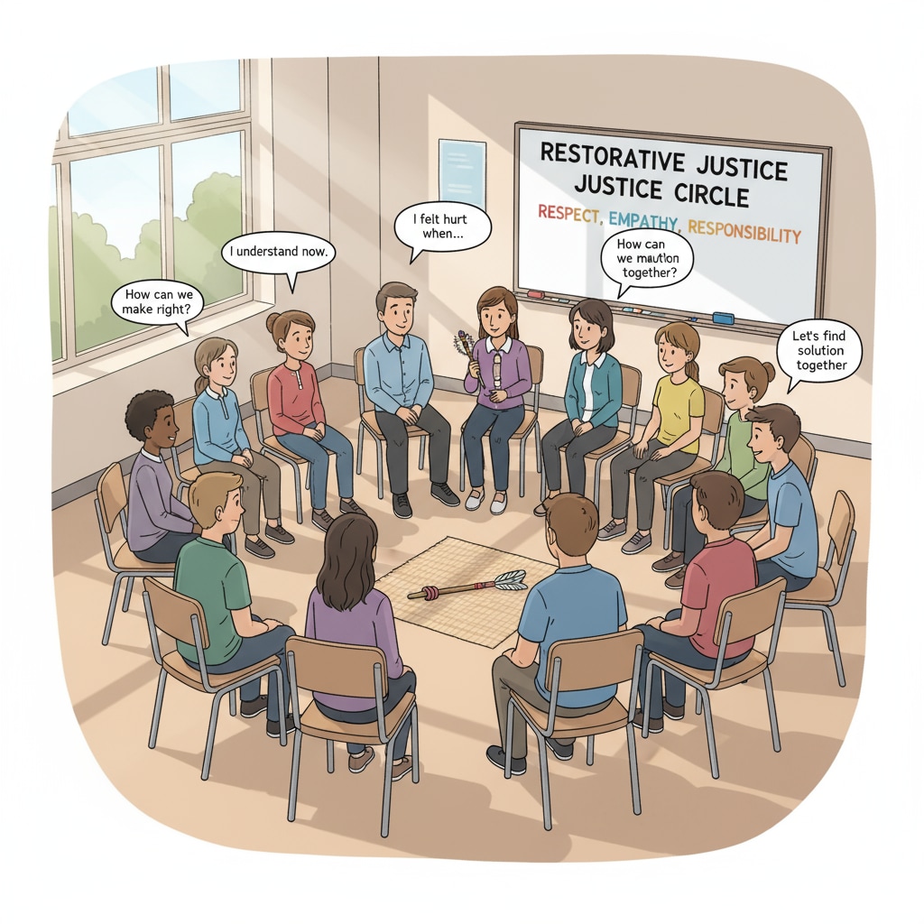 A group of students and teachers are engaged in a restorative justice circle, communicating openly. Students and teachers participating in a restorative justice circle related to educational resources and school management