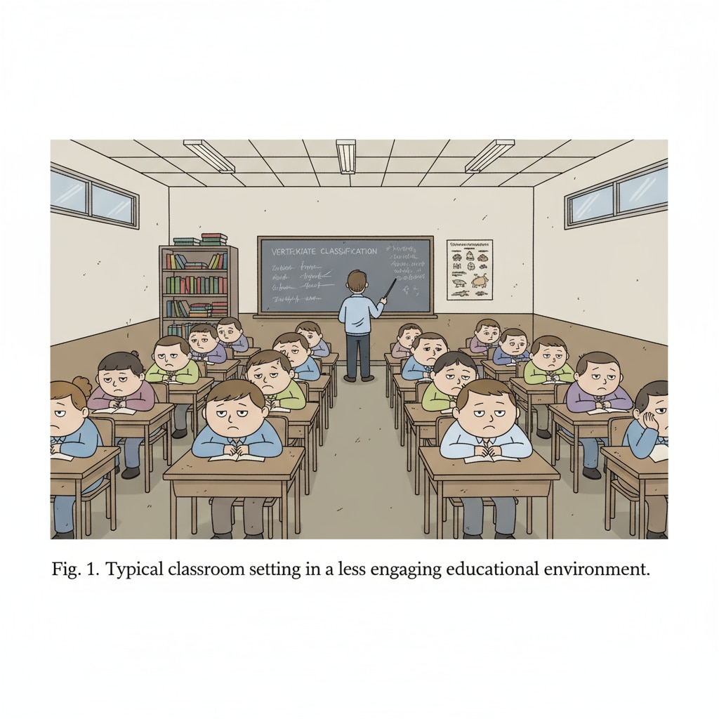 A classroom scene where students are sitting in rows, looking uninterested. The classroom has basic furnishings, suggesting a less stimulating teaching environment often associated with lower-performing classes. A classroom with bored students in a potentially stratified educational system