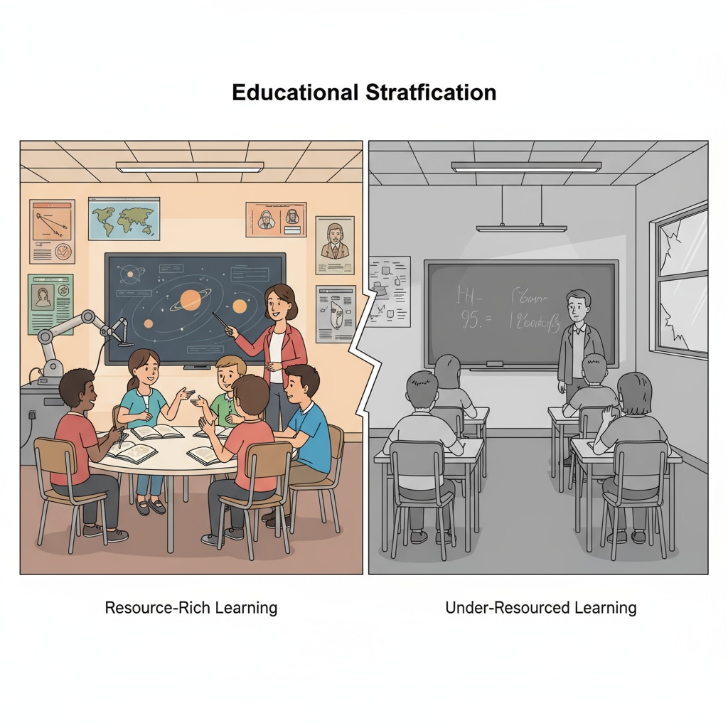 Two contrasting classroom scenes. One shows students actively engaged in a discussion, with colorful posters and advanced teaching equipment in the background. The other shows a plain classroom with students looking disinterested. This represents the difference in teaching environments due to class stratification. Contrasting teaching environments for students in different stratified classes