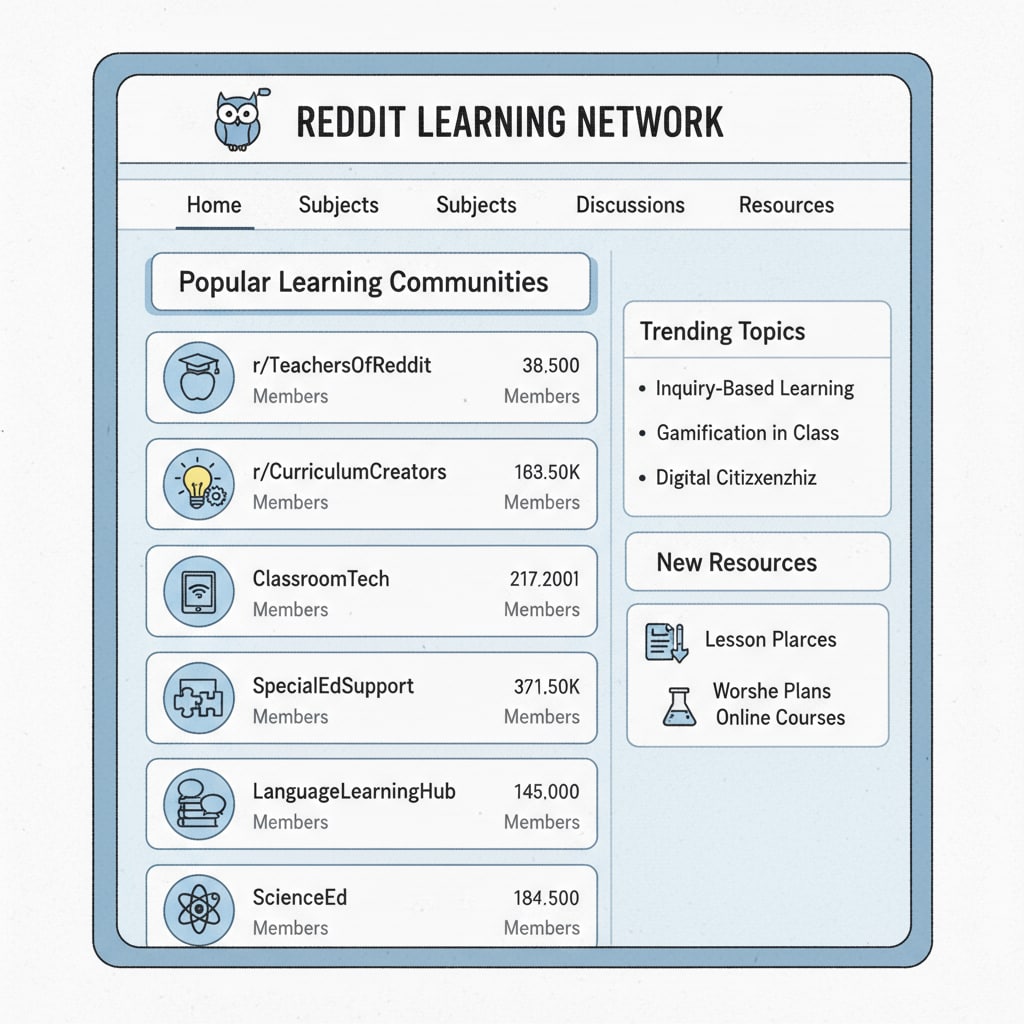 A screenshot of the Reddit education main page showing various subreddits related to teaching Reddit education main page with subreddits for K12 teachers