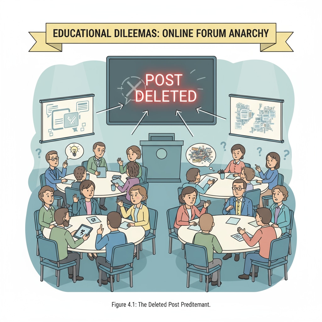 A visual representation of teachers being confused due to a deleted post in an educational forum. Teachers confused about post deletion in K12 education forum related to PLC and forum purpose