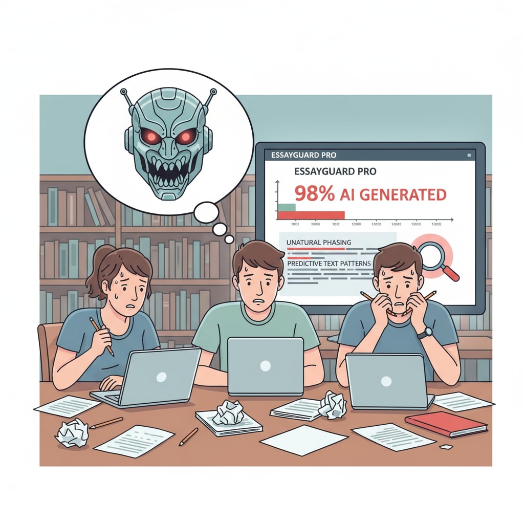 A scene where students look worried while writing essays, with a computer screen showing an AI detection tool interface in the background, highlighting the pressure students face in creative writing due to AI detection. Students under pressure in creative writing class due to AI detection tools
