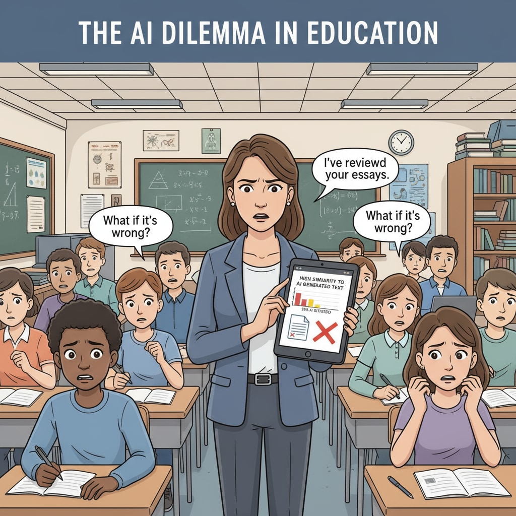 Students sitting in a classroom with a tense expression, while the teacher is looking at an AI detection tool report, depicting the tense atmosphere in the classroom caused by AI detection tools. Tense classroom atmosphere due to AI detection tools in creative writing